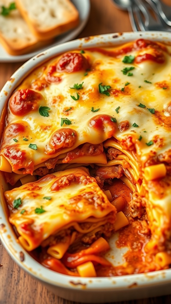 A baked cheesy meat lasagna pasta dish with golden cheese on top, served with garlic bread on the side.